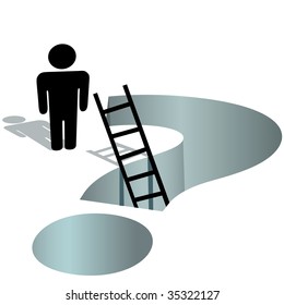 A person stands by a deep question mark hole to ask for help.