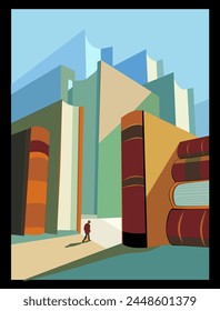 A person stands at the center of a stylized graphic environment resembling a cityscape comprised of towering book spines. The bold colors and geometric shapes give the composition a modern and abstrac