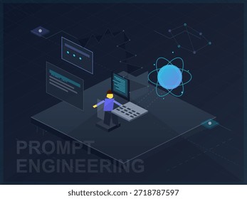 A person stands at a computer working on prompt engineering. Digital screens show data and symbols. The setting appears to focus on technology and innovation.