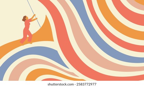 A person stands confidently while guiding a flowing wave of vibrant colors in this artistic vector design, showcasing creativity and motion against a soft backdrop