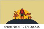 A person stands at a crossroads under a setting sun, with signposts labeled health, career, relationships, and education. Symbolizes decision-making, life choices, goals, and journey of self-discovery