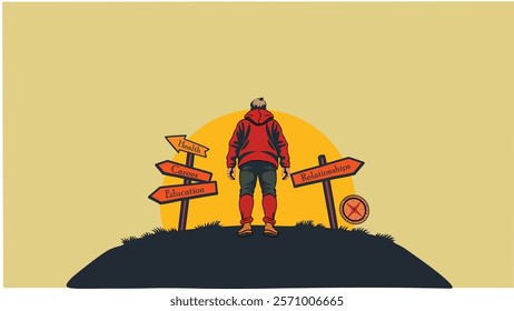 A person stands at a crossroads under a setting sun, with signposts labeled health, career, relationships, and education. Symbolizes decision-making, life choices, goals, and journey of self-discovery