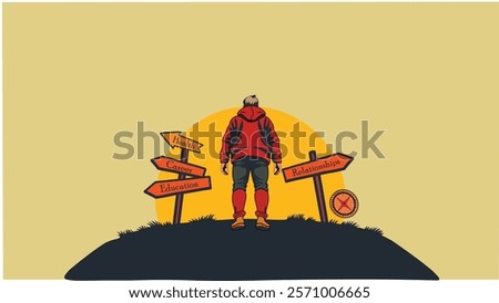 A person stands at a crossroads under a setting sun, with signposts labeled health, career, relationships, and education. Symbolizes decision-making, life choices, goals, and journey of self-discovery