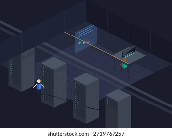 A person stands in a data center, looking at servers and screens in a dark room. The scene takes place during nighttime with blue lights glowing on equipment.