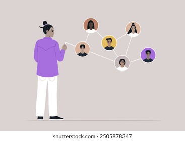 A person stands, engaging with virtual connections among a group of diverse characters depicted through a network diagram in a collaborative digital environment
