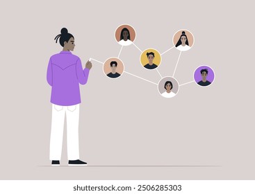 A person stands, engaging with virtual connections among a group of diverse characters depicted through a network diagram in a collaborative digital environment