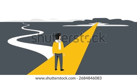 A person stands at a junction of two roads, one bright and one winding, contemplating their direction.