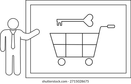 Una persona se para junto a una Imagen enmarcada de un Carrito de compras y una llave
