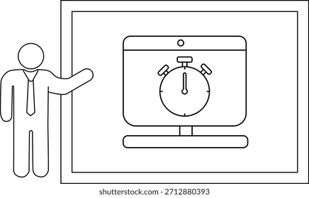 Una persona se para junto a un temporizador enmarcado en un monitor de computadora