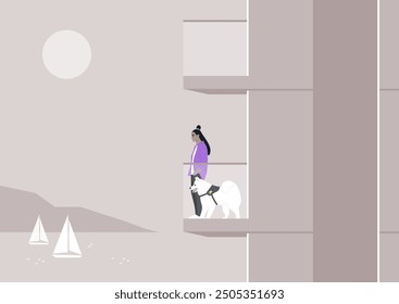 A person stands on a balcony with a dog, gazing at sailboats gliding across tranquil waters under a soft sun