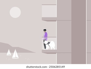 A person stands on a balcony with a dog, gazing at sailboats gliding across tranquil waters under a soft sun