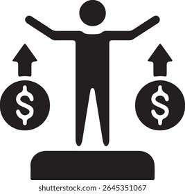 A person stands on a pedestal with their arms raised as two dollar coins with upward arrows flank them.