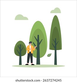 A person stands in a park with trees and clouds, gesturing as if explaining something, suitable for presentations or educational materials.