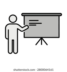 A person stands presenting on a projector screen in a meeting room with a professional mood and setting for business or educational purposes
