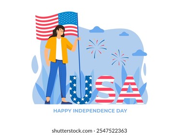 A person stands proudly holding a flag with fireworks and a decorated USA text behind. Vector illustration