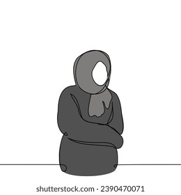 person stands in a puffy down jacket with his head wrapped in a large scarf - one line art vector. concept of freezing, freezing, insulating, cold winter, heating off