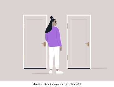 A person stands thoughtfully between two closed doors, contemplating the diverse outcomes that await beyond each choice in a minimalist setting that evokes introspection