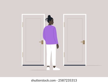 A person stands thoughtfully between two closed doors, contemplating the diverse outcomes that await beyond each choice in a minimalist setting that evokes introspection