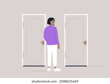 A person stands thoughtfully between two closed doors, contemplating the diverse outcomes that await beyond each choice in a minimalist setting that evokes introspection