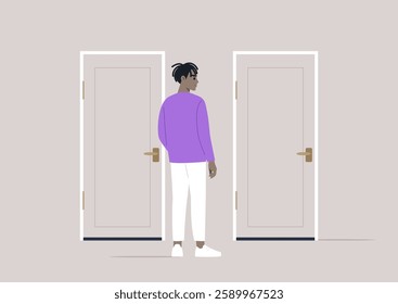 A person stands thoughtfully between two closed doors, contemplating the diverse outcomes that await beyond each choice in a minimalist setting that evokes introspection