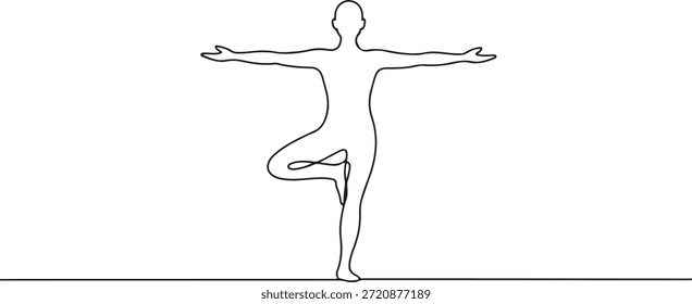 Uma pessoa fica em uma pose de árvore com uma perna dobrada e braços estendidos em uma ilustração de arte de linha simples, transmitindo equilíbrio e serenidade em um fundo branco limpo.