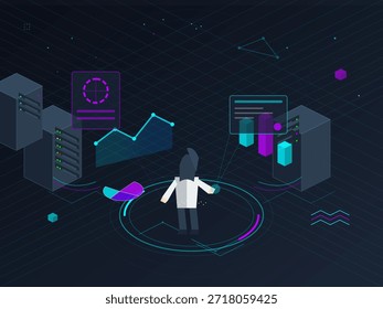 Una persona se encuentra en un espacio virtual rodeado de visualizaciones de datos y servidores. Gráficos y gráficos muestran análisis y métricas en un entorno centrado en la tecnología.
