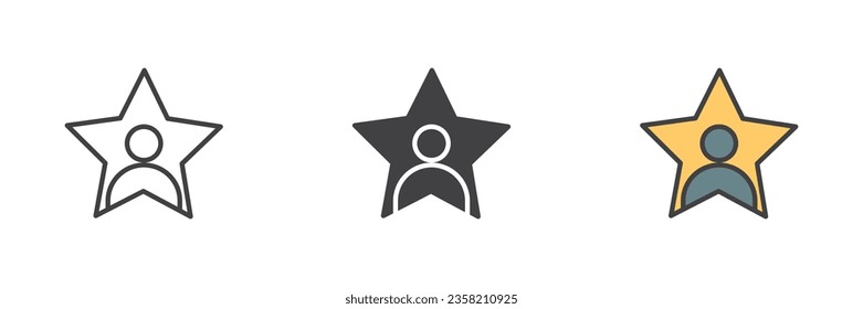 Person in a star different style icon set. Line, glyph and filled outline colorful version, outline and filled vector sign. Celebrity symbol, logo illustration. Vector graphics