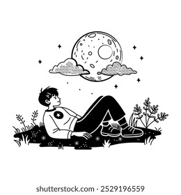 A person staring night sky, hand drawn illustration