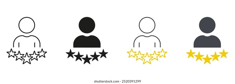 Person mit Sternenzeile und Silhouette Icon Set. Bestes Feedback für Business Service. Piktogramm zur Kundenzufriedenheit Erfolgsüberprüfung, Benutzerbewertungssymbol. Bearbeitbarer Strich. Isolierte Vektorgrafik.