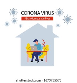 Person Stay At Home Working To Avoid Corona Virus Danger. Self Quarantine. Flat Style Design Vector Isolated On White 