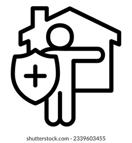 Person stay safe at home line icon. Figure with shield and cross near house outline style pictogram on white background. Covid-19 self-quarantine sign for mobile and web. Vector graphics