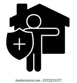 Person stay safe at home solid icon. Figure with shield and cross near house glyph style pictogram on white background. Covid-19 self-quarantine sign for mobile and web. Vector graphics