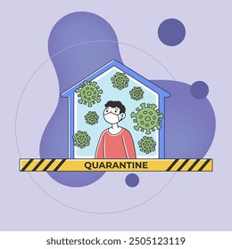 Person staying at home. Man in protective mask surrounded by corona virus, distancing in house. Vector illustration for isolation, quarantine, protection, infection concept
