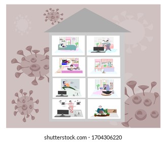 Person staying at home. Watch TV, Cooking, Exercise, sleep, plant, Shopping online, work. People illustration vector on Covid-19 virus  background. Cartoon character flat design and activity in room.