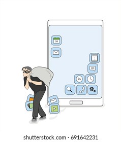 A person steals from a smartphone application. vector illustration.