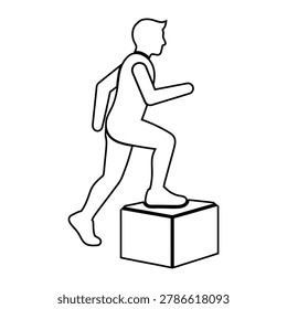 A person stepping up onto a box or bench with a backpack on depicted in a simple black line drawing