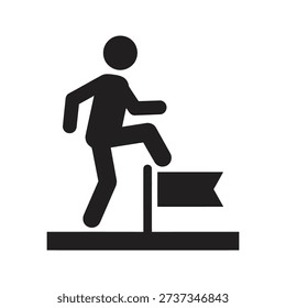 Person stepping up onto platform with flag representing milestone achievement goal reaching success ambition career progress leadership conquest