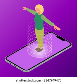 Person stepping out of smartphone screen. Modern lifestyle, cyberspace, augmented reality, virtual reality, digital detox.