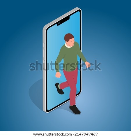 Person stepping out of smartphone screen. Modern lifestyle, cyberspace, augmented reality, virtual reality, digital detox.