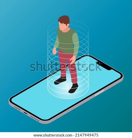 Person stepping out of smartphone screen. Modern lifestyle, cyberspace, augmented reality, virtual reality, digital detox.