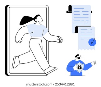 Una persona que sale de un teléfono inteligente simboliza la actividad en línea. Los documentos con marcas de verificación implican verificación, mientras que un personaje que sostiene un escudo representa seguridad. Ideal para la ciberseguridad, en línea