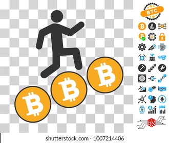 Person Steps Bitcoin Coins icon with bonus bitcoin mining and blockchain design elements. Vector illustration style is flat iconic symbols. Designed for bitcoin ui toolbars.