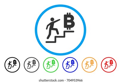 Person Steps To Bitcoin vector rounded icon. Image style is a flat gray icon symbol inside a blue circle. Bonus color variants are grey, black, blue, green, red, orange.