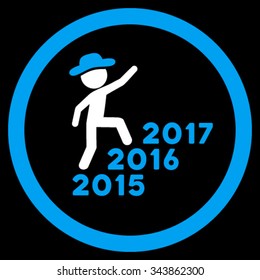Person Steps Years vector icon. Style is bicolor flat circled symbol, blue and white colors, rounded angles, black background.