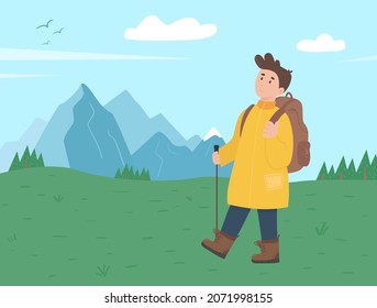 Person with stick hiking near mountains and forests. Walking toursim on nature