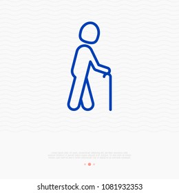 Person with stick sign: disabled, elderly man thin line icon. Modern vector illustration.