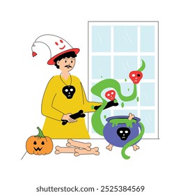 A person stirs a bubbling cauldron with Halloween decorations around