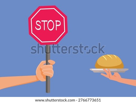 Person with Stop Sign Refuses a Hamburger Vector Illustration. Woman refuses fast food burger choosing healthy eating lifestyle 