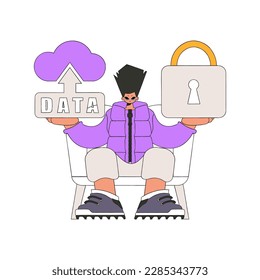 Person storing data in the cloud with a lock.