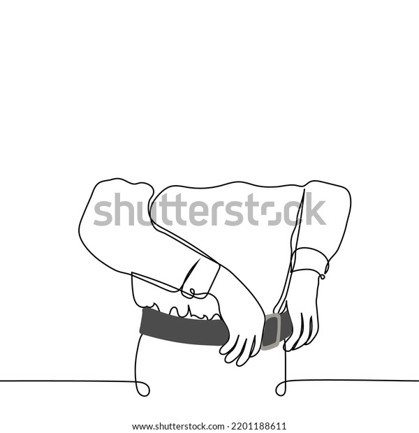 person straighten wide belt on pants - one line\
drawing vector. concept fitting and buying a belt, tight belt,\
tighten the belt